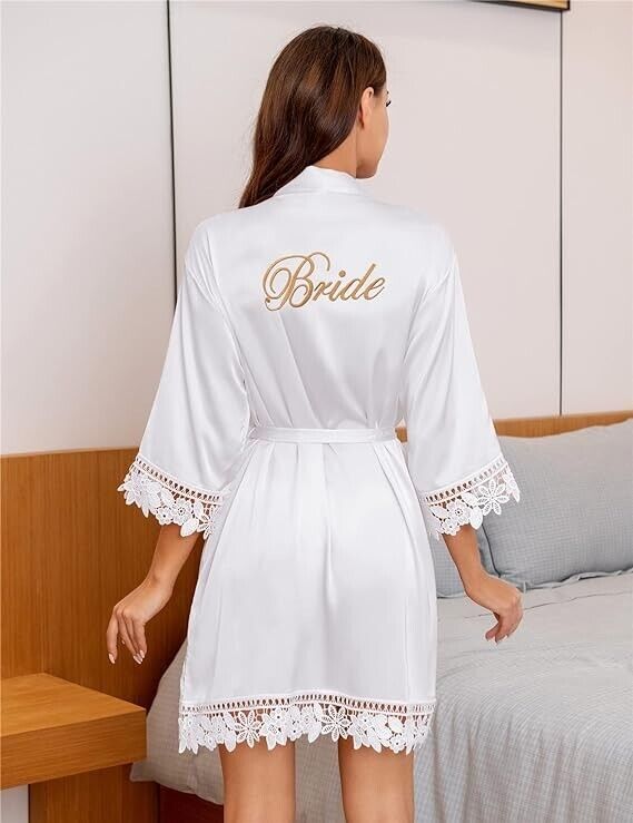 Women's Lace Trim Bride Bridesmaid Robes Silk Like Bridal Party Robes, One Size