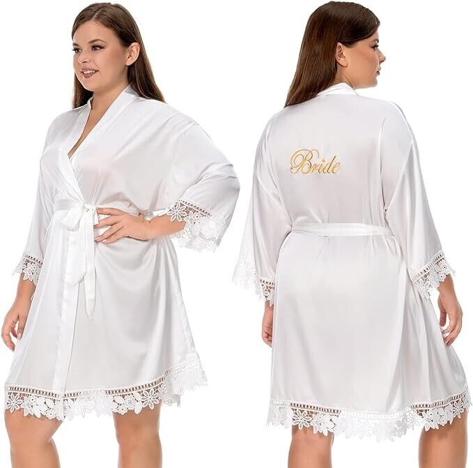 Women's Lace Trim Bride Bridesmaid Robes Silk Like Bridal Party Robes, One Size