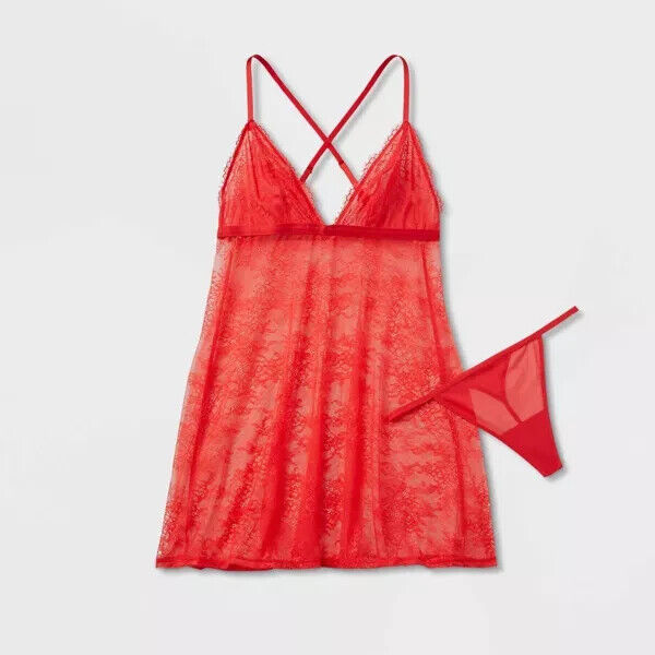 Women's Lace Triangle Lingerie Babydoll with Thong - Auden, Red, Size Small