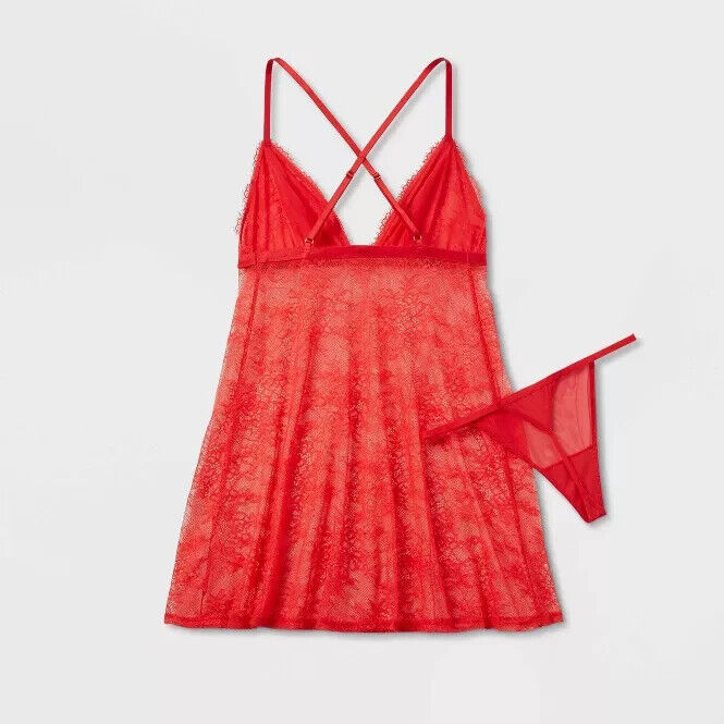 Women's Lace Triangle Lingerie Babydoll with Thong - Auden, Red, Size Small