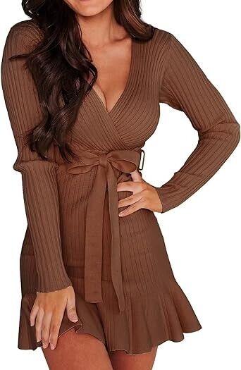 VIMPUNEC Fall Tie Waist Sweater Dress Elegant V-Neck Wrap Sweater Dress Brown XL