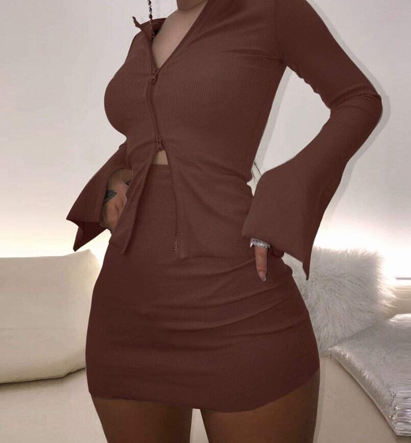 XLLAIS Ribbed Tops and Skirts Sets Double Zipper Tracksuits Women 2 Pc Outfit xl