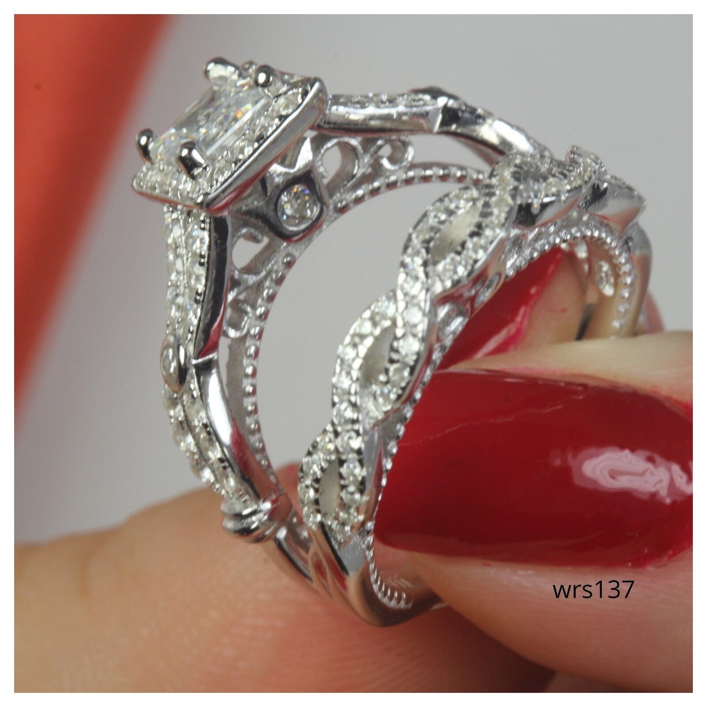 1.60 CTW Princess 925 Silver CZ Engagement Ring Wedding Ring Set 8.1gm
