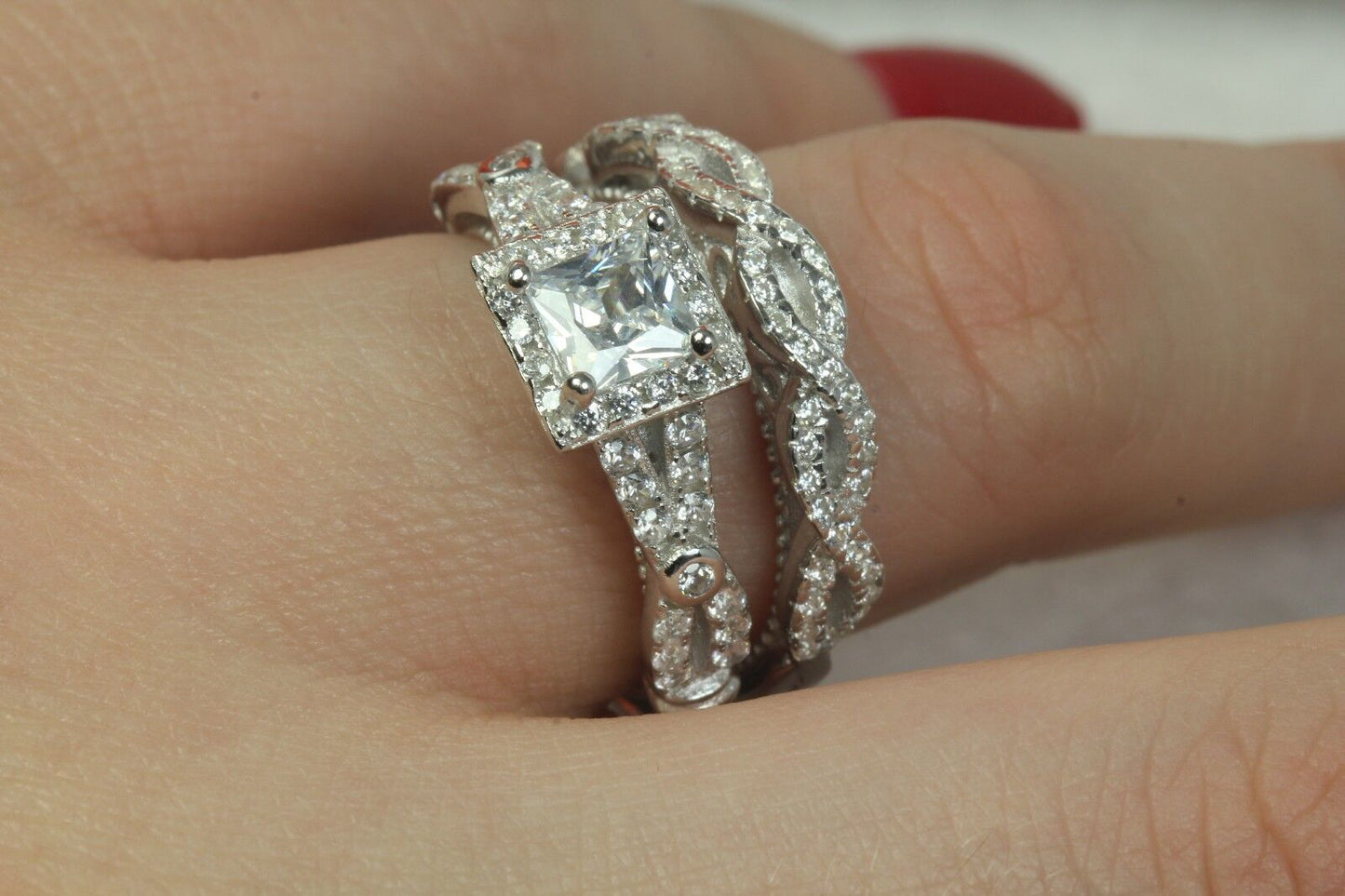1.60 CTW Princess 925 Silver CZ Engagement Ring Wedding Ring Set 8.1gm