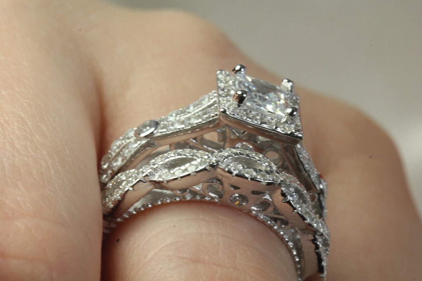 1.60 CTW Princess 925 Silver CZ Engagement Ring Wedding Ring Set 8.1gm