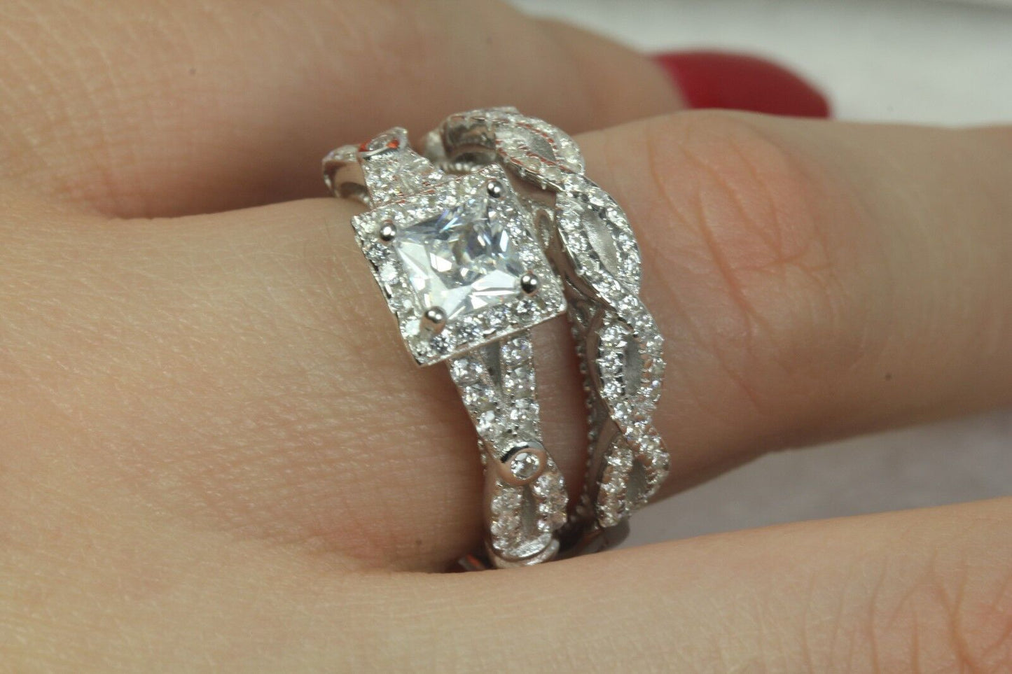 1.60 CTW Princess 925 Silver CZ Engagement Ring Wedding Ring Set 8.1gm