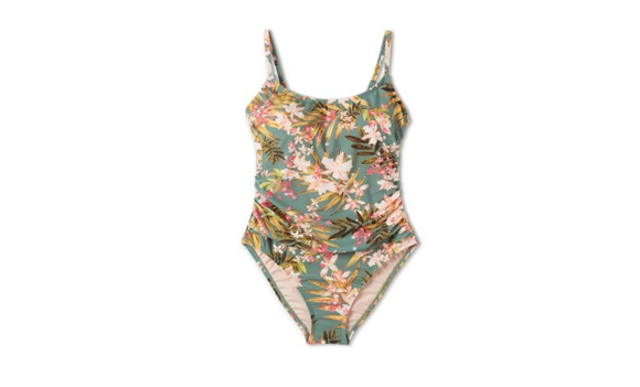 Women's Tropical Floral Print Shirred Medium Coverage One Piece Swimsuit -Size-S