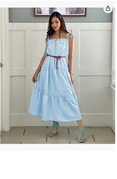 BTFBM Womens Spaghetti Strap Sleeveless Dress Loose Tiered Ruffle Beach Dress M