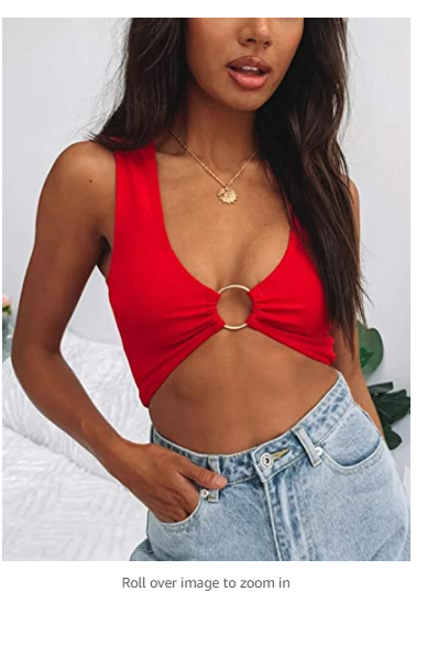 Crop Tops for Women Plunging Neckline Crop Top with Golden Ring Red US (0-2)