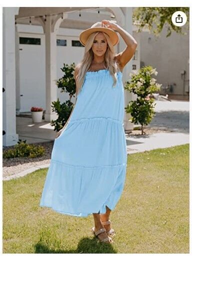 BTFBM Womens Spaghetti Strap Sleeveless Dress Loose Tiered Ruffle Beach Dress M