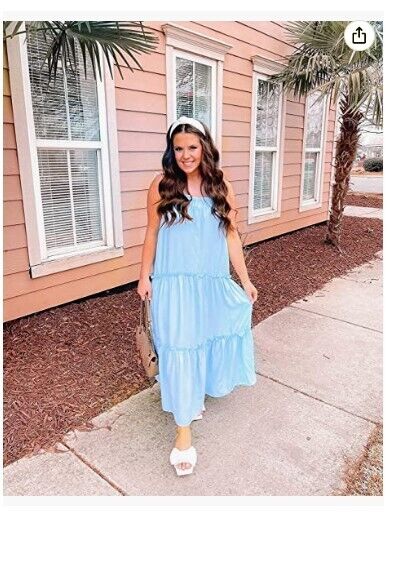 BTFBM Womens Spaghetti Strap Sleeveless Dress Loose Tiered Ruffle Beach Dress M
