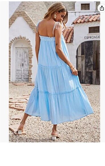 BTFBM Womens Spaghetti Strap Sleeveless Dress Loose Tiered Ruffle Beach Dress M