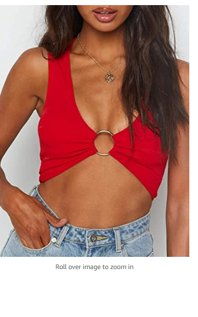 Crop Tops for Women Plunging Neckline Crop Top with Golden Ring Red US (0-2)