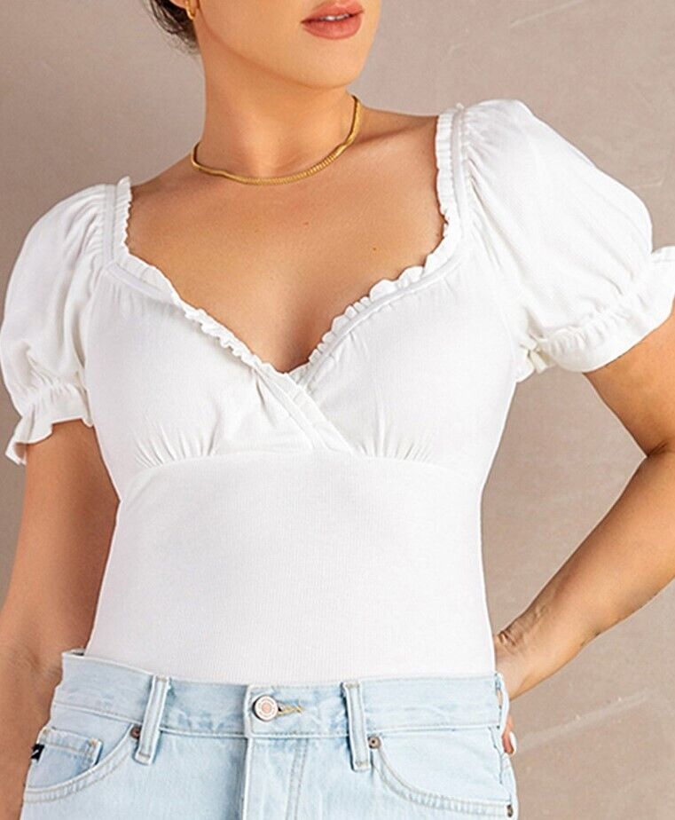 Zesica | White Puff-Sleeve Sweetheart Bodysuit Top - Women L