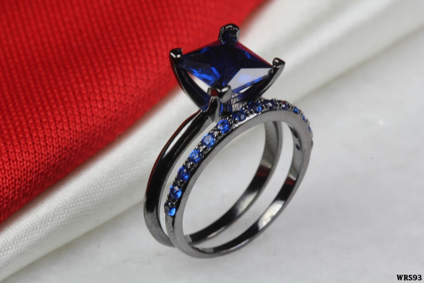 Blue Princess Cut CZ Black Rhodium Solitaire Engagement Wedding Ring Set