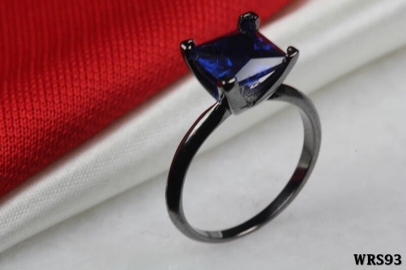 Blue Princess Cut CZ Black Rhodium Solitaire Engagement Wedding Ring Set