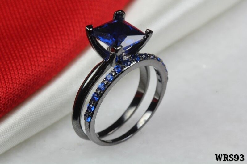 Blue Princess Cut CZ Black Rhodium Solitaire Engagement Wedding Ring Set