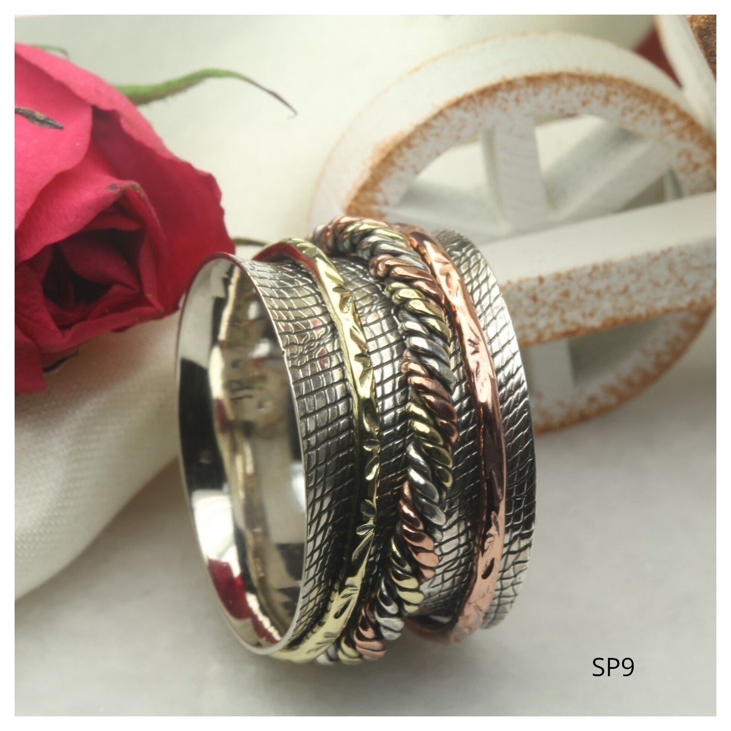 Wide Triple Tone Rose Gold Yellow Gold Spinner Ring Heavy Silver Spinner Ring
