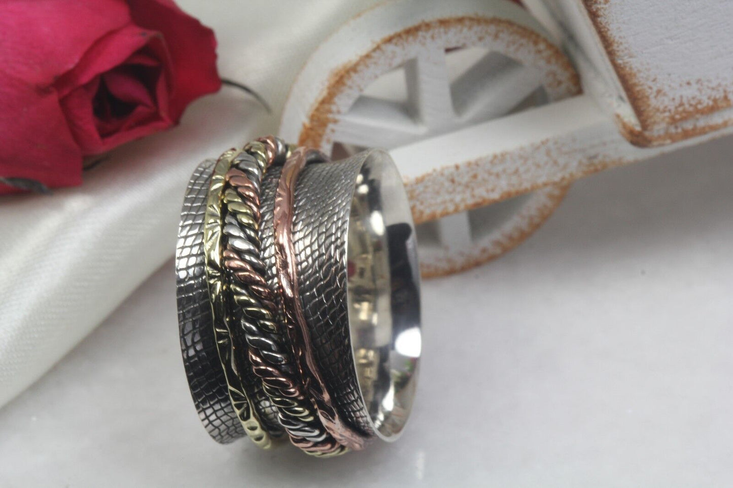 Wide Triple Tone Rose Gold Yellow Gold Spinner Ring Heavy Silver Spinner Ring