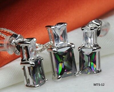 BRILLIANT CUT EARRING & NECKLACE SET CZMYSTIC RAINBOW PEACOCK FIRE TOPAZ-MTS12S