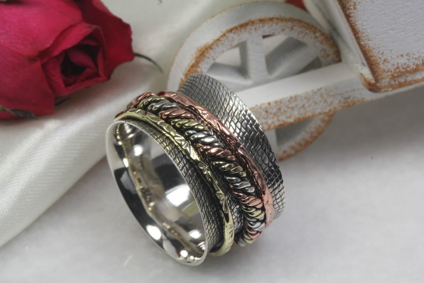 Wide Triple Tone Rose Gold Yellow Gold Spinner Ring Heavy Silver Spinner Ring