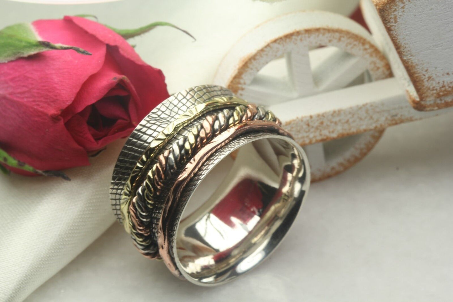 Wide Triple Tone Rose Gold Yellow Gold Spinner Ring Heavy Silver Spinner Ring
