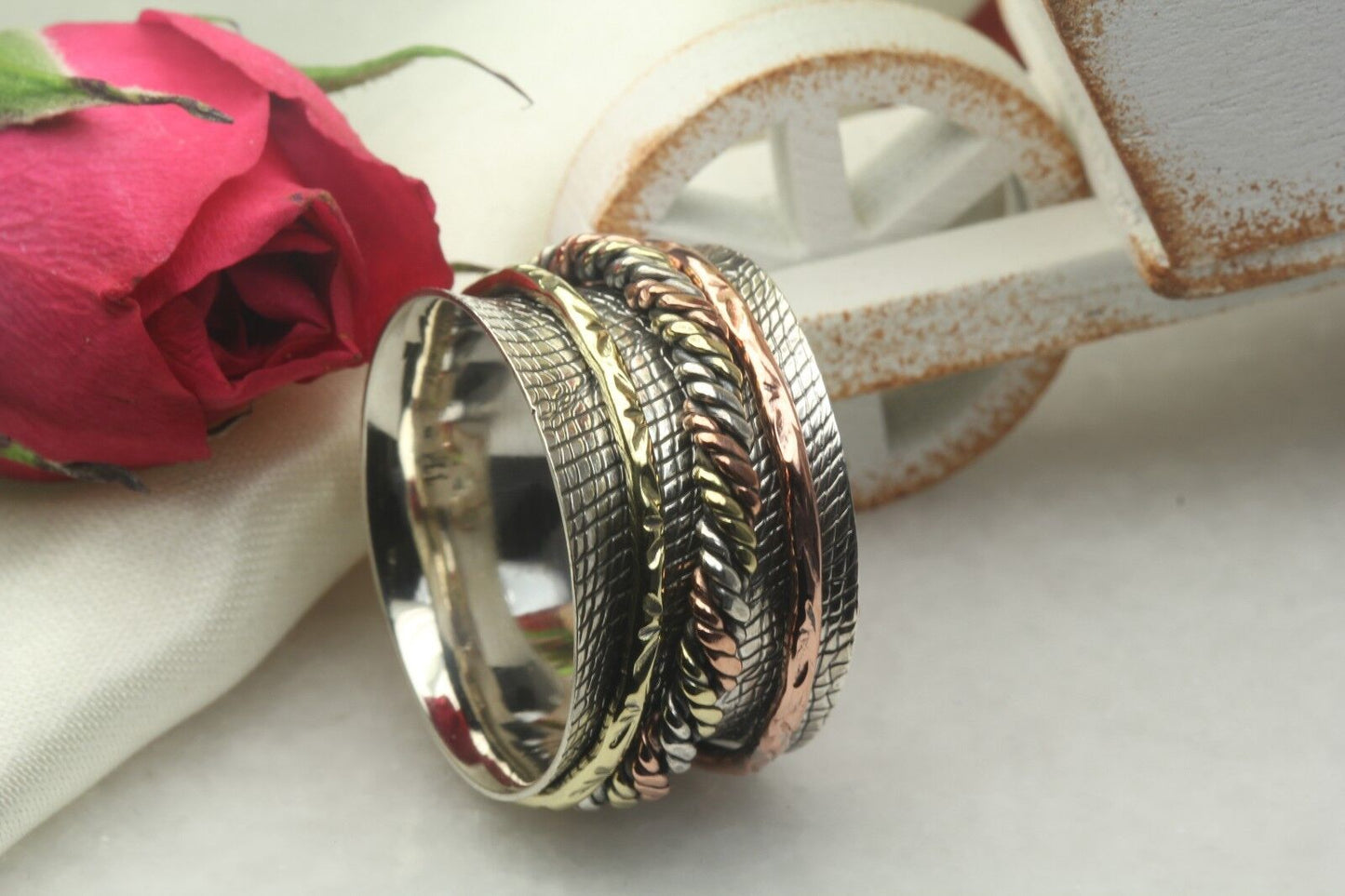Wide Triple Tone Rose Gold Yellow Gold Spinner Ring Heavy Silver Spinner Ring