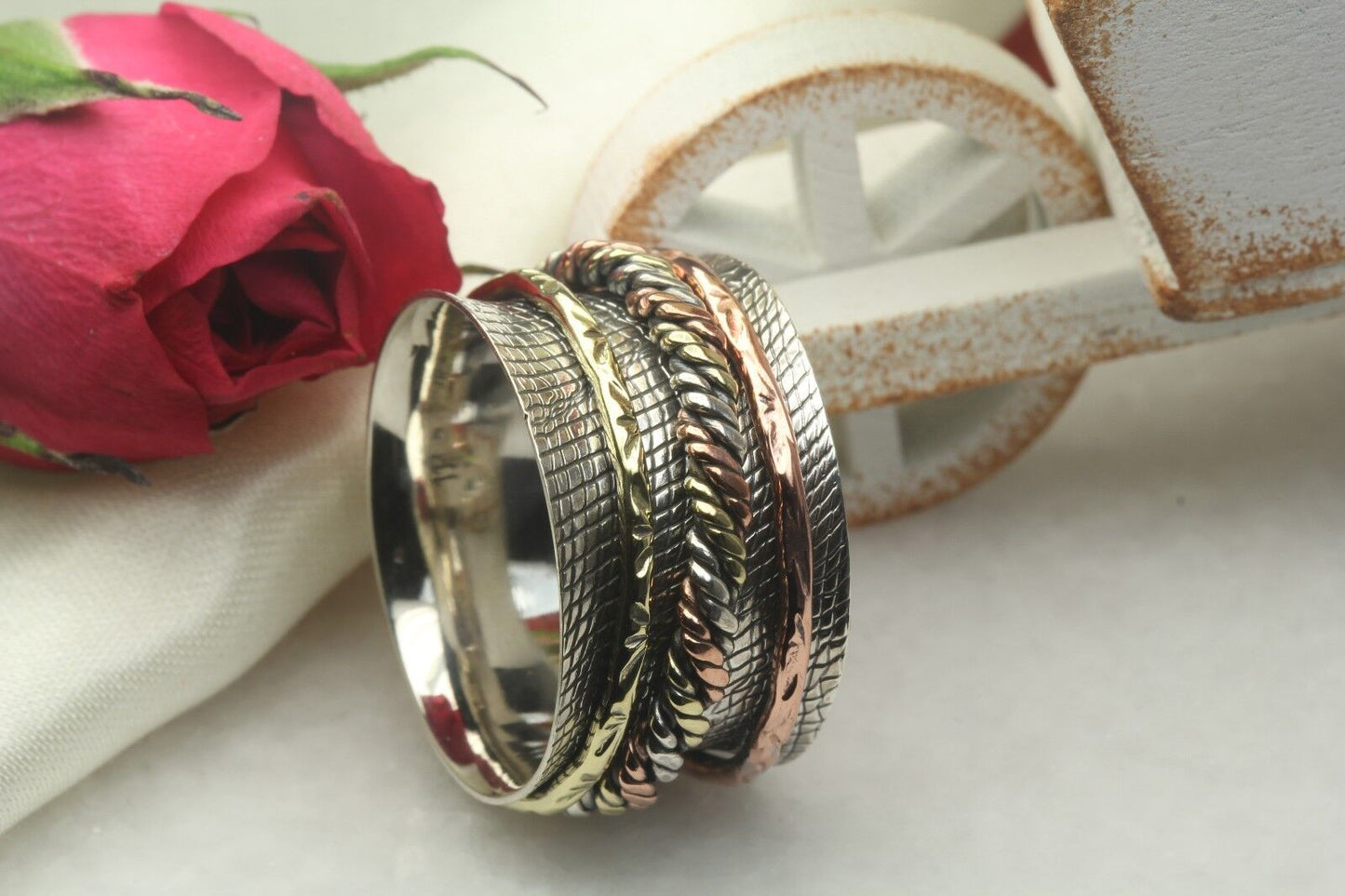 Wide Triple Tone Rose Gold Yellow Gold Spinner Ring Heavy Silver Spinner Ring
