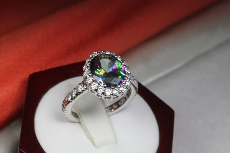 6.40 CARAT OVAL CUT HALO CZ MYSTIC TOPAZ WITH CZ ACCENTS FASHION RING~MTR9-MAX-H
