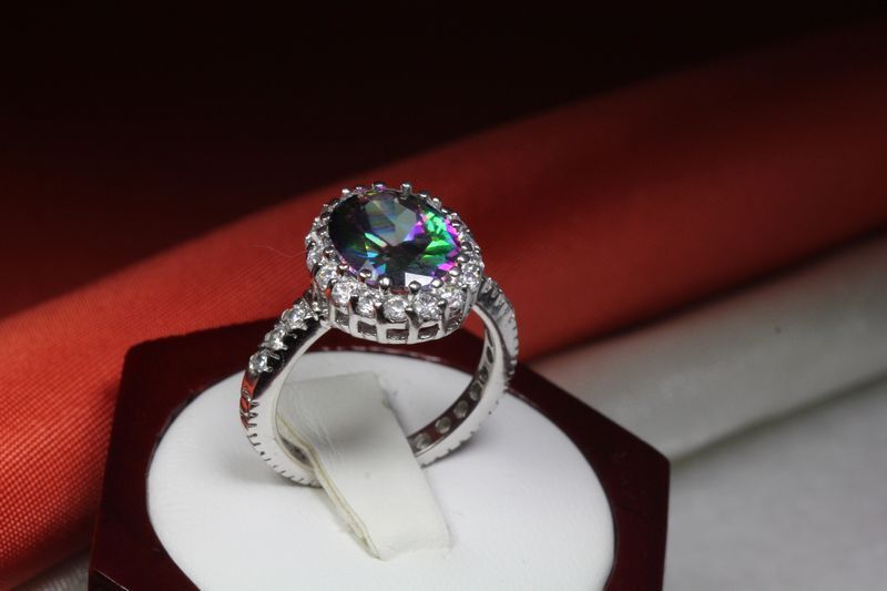 6.40 CARAT OVAL CUT HALO CZ MYSTIC TOPAZ WITH CZ ACCENTS FASHION RING~MTR9-MAX-H