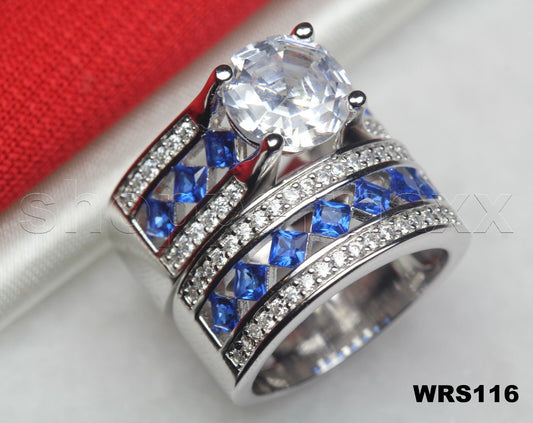 Blue CZ & White Round Sterling Silver 925 Bridal Engagement Wedding Rings