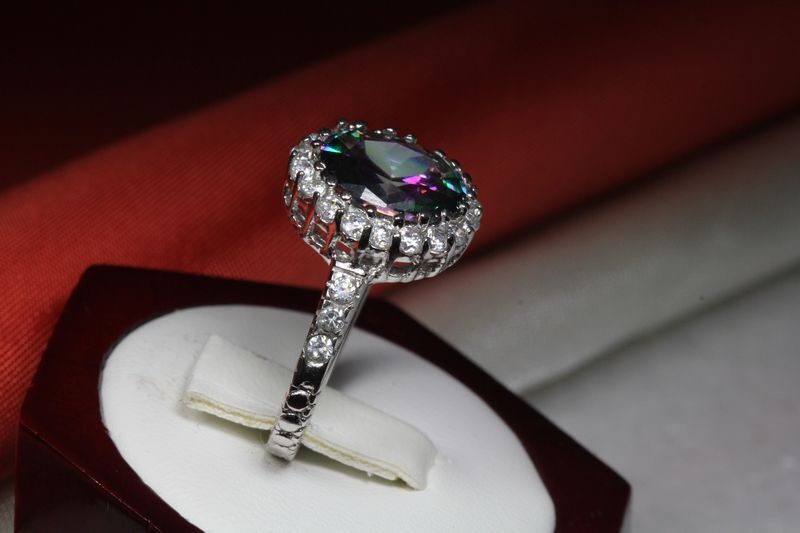 6.40 CARAT OVAL CUT HALO CZ MYSTIC TOPAZ WITH CZ ACCENTS FASHION RING~MTR9-MAX-H
