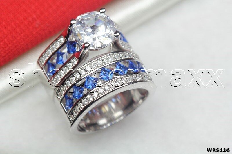 Blue CZ & White Round Sterling Silver 925 Bridal Engagement Wedding Rings