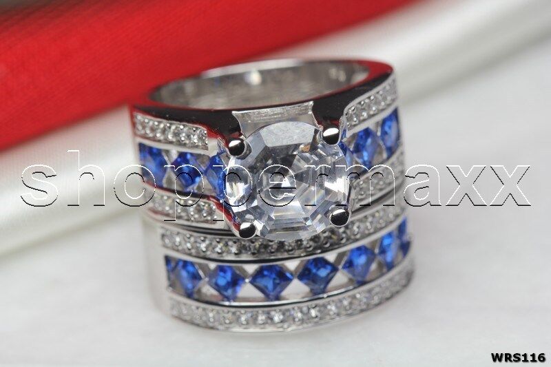 Blue CZ & White Round Sterling Silver 925 Bridal Engagement Wedding Rings