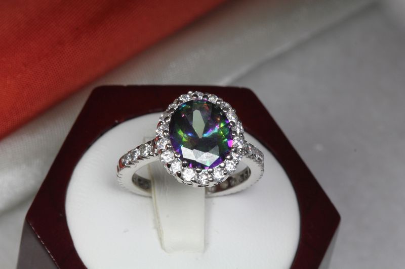 6.40 CARAT OVAL CUT HALO CZ MYSTIC TOPAZ WITH CZ ACCENTS FASHION RING~MTR9-MAX-H