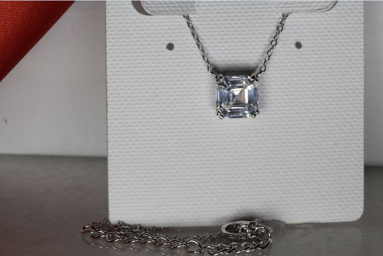 CLEAR SQUARE ASSCHER CUT SOLITARE PENDANT W/ CHAIN  925 STERLING SILVER~~MXTUE