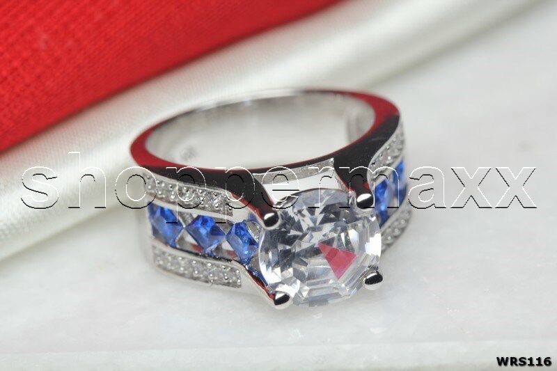 Blue CZ & White Round Sterling Silver 925 Bridal Engagement Wedding Rings
