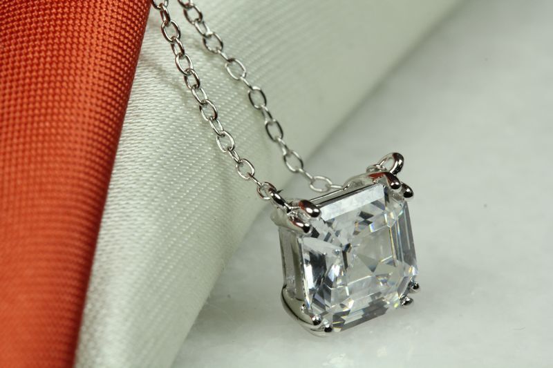 CLEAR SQUARE ASSCHER CUT SOLITARE PENDANT W/ CHAIN  925 STERLING SILVER~~MXTUE