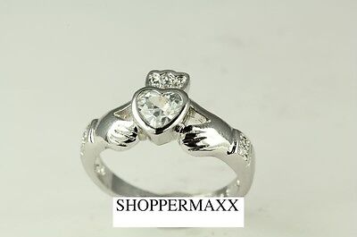 Clear Heart 925 Sterling Silver Claddagh Celtic CZ RING