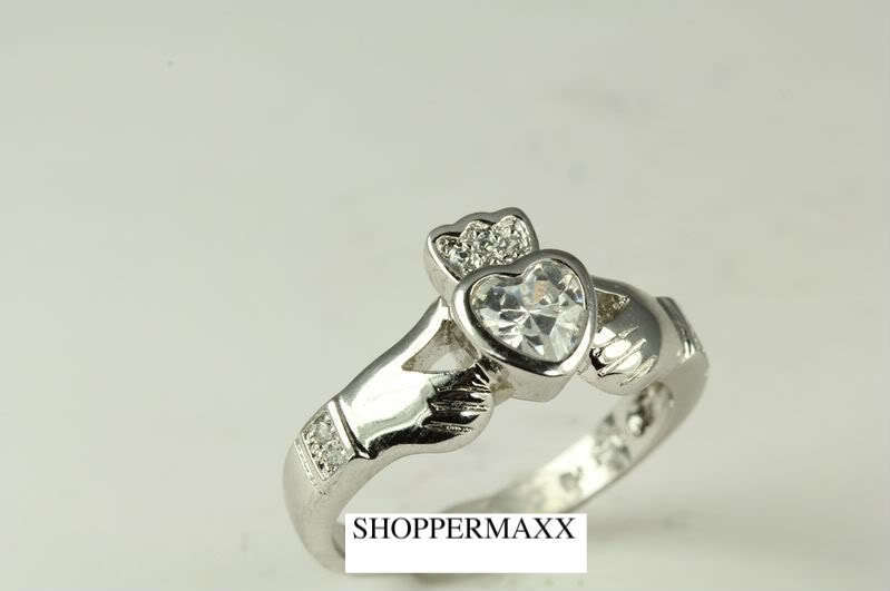 Clear Heart 925 Sterling Silver Claddagh Celtic CZ RING