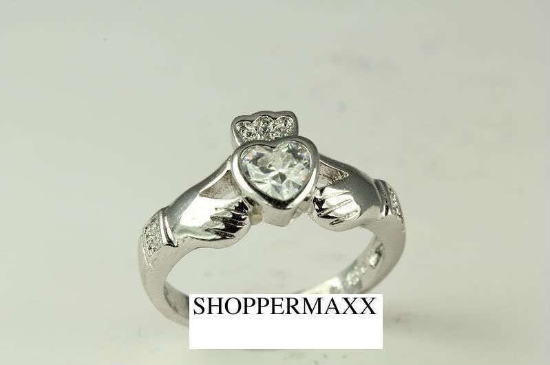 Clear Heart 925 Sterling Silver Claddagh Celtic CZ RING