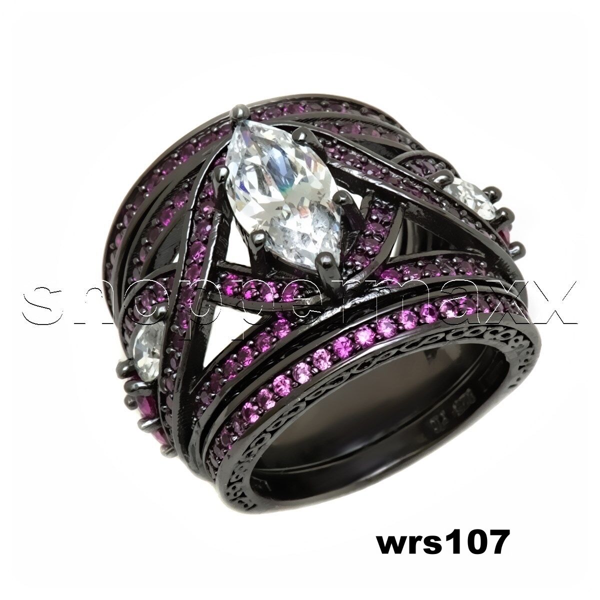 3CTW Fantasy White Pink CZ Black 925 Silver Womens Disney Wedding Ring Set