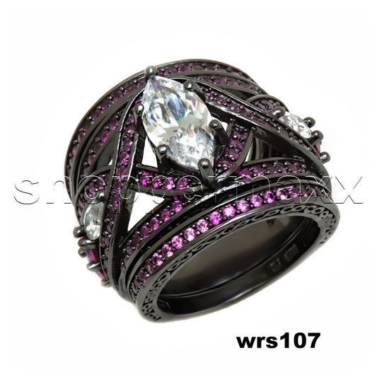 3CTW Fantasy White Pink CZ Black 925 Silver Womens Disney Wedding Ring Set