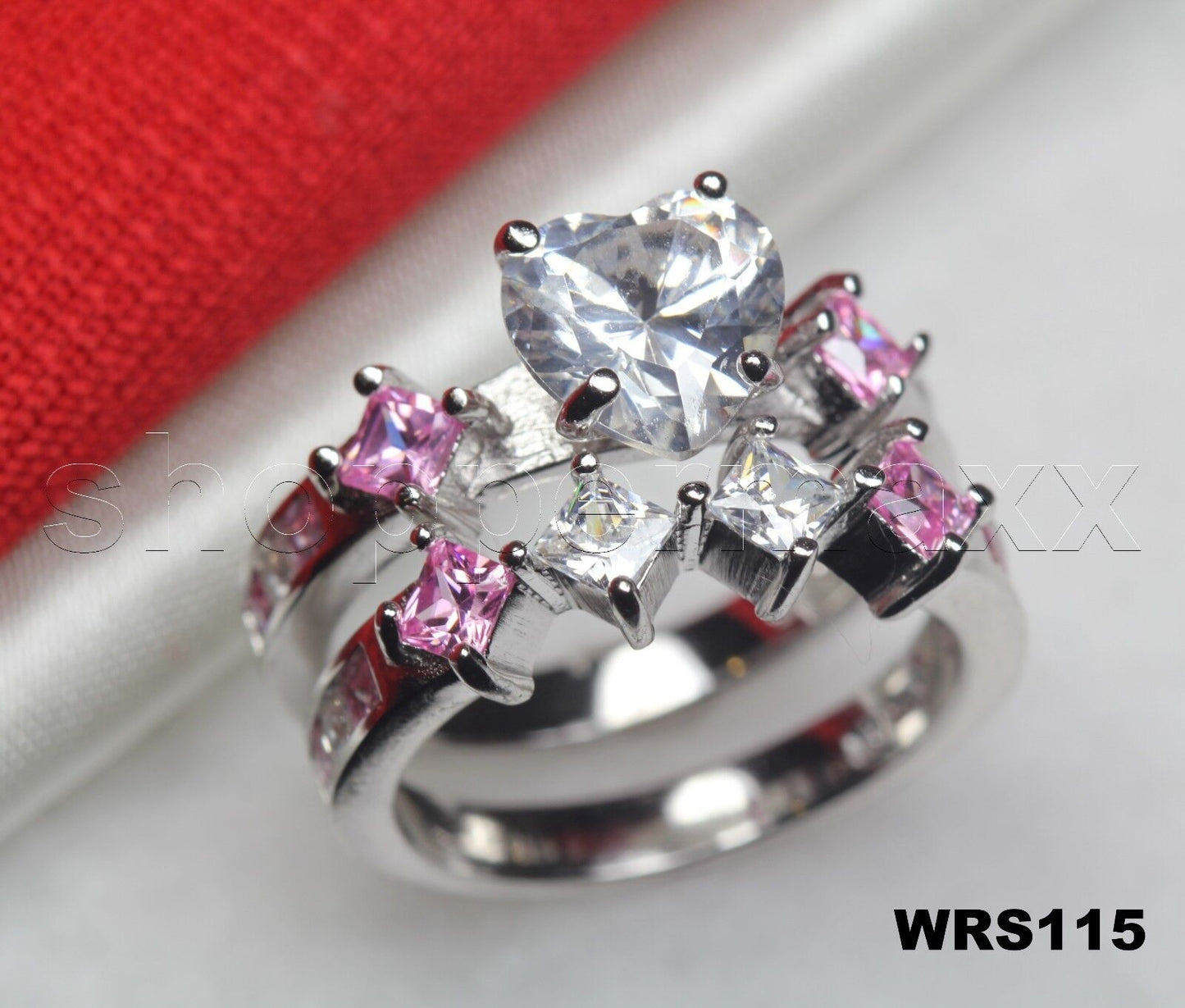 Bridal Silver 925 Heart Shaped Pink & White CZ Engagement Wedding Ring Set