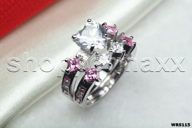 Bridal Silver 925 Heart Shaped Pink & White CZ Engagement Wedding Ring Set