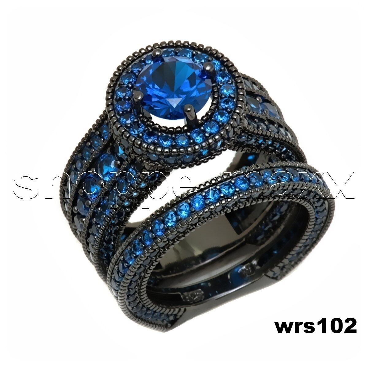 Black Rhodium Blue CZ Disney Tinker Bell Fairy 4.12C Halo Bridal Ring Set