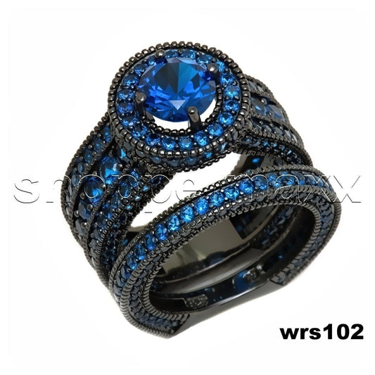 Black Rhodium Blue CZ Disney Tinker Bell Fairy 4.12C Halo Bridal Ring Set
