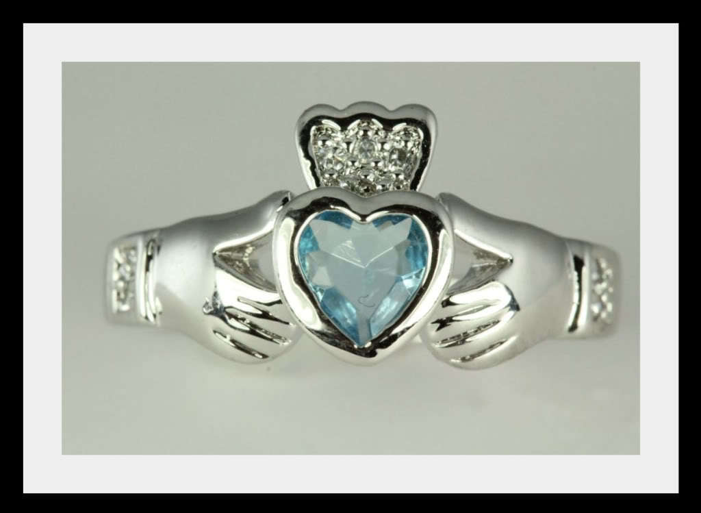 Aquamarine Heart Sterling Silver Claddagh Celtic CZ Ring