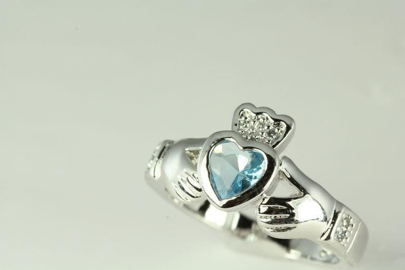 Aquamarine Heart Sterling Silver Claddagh Celtic CZ Ring