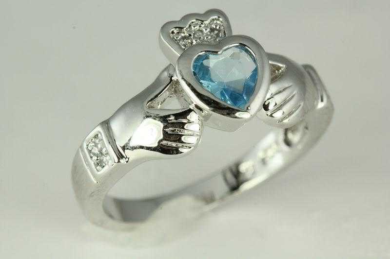 Aquamarine Heart Sterling Silver Claddagh Celtic CZ Ring